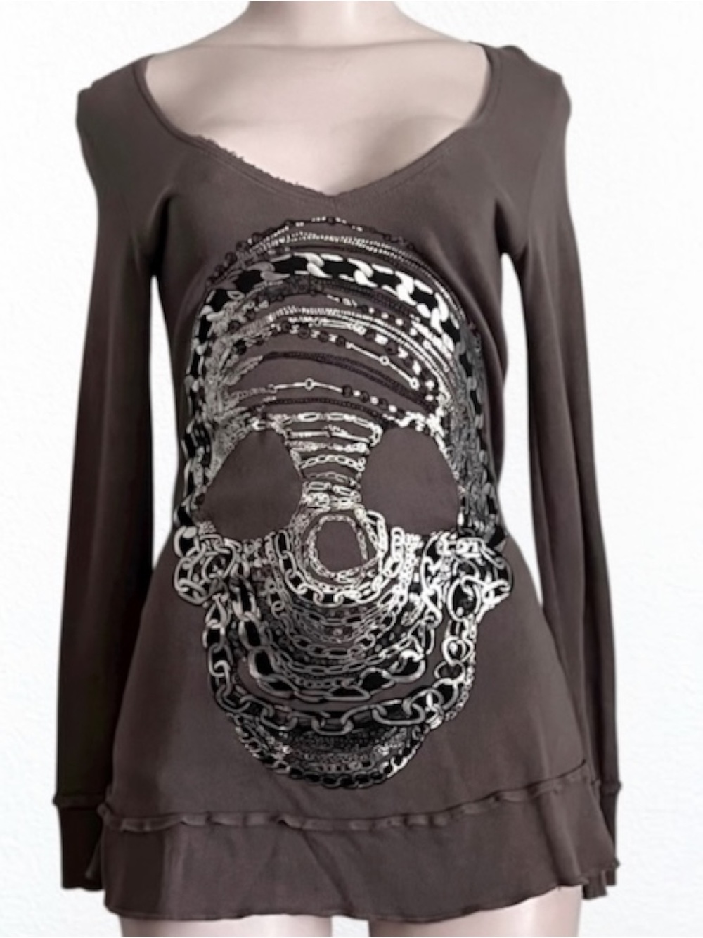 Lauren Moshi Chain Skull Metallic V-Neck Tunic Top Gray XS
